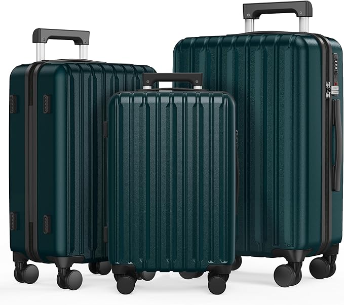 SHOWKOO Luggage Sets 3 Piece 100% PC Ultra Tough Hardside Expandable Suitcases Sets with TSA Lock Double Spinner Wheels (20in/24in/28in, Dark Green