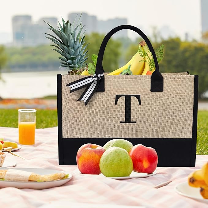 TOPDesign Initial Jute/Canvas Tote Bag, Personalized Present Bag, Suitable for Wedding, Birthday, Beach, Holiday, is a Great Gift for Women, Mom, Teachers, Friends, Bridesmaids (Letter T)