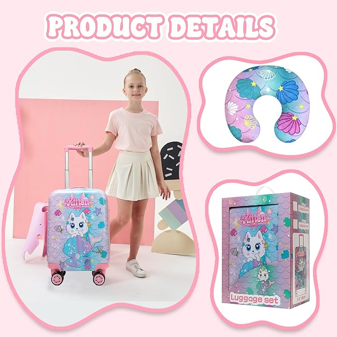 Cute Cat Kid’s Luggage Set 2 Piece Suitcase Set 16" Hardside Luggage with Spinner Wheels Girls Carry on Toddler Travel Rolling Luggage Airline Approved