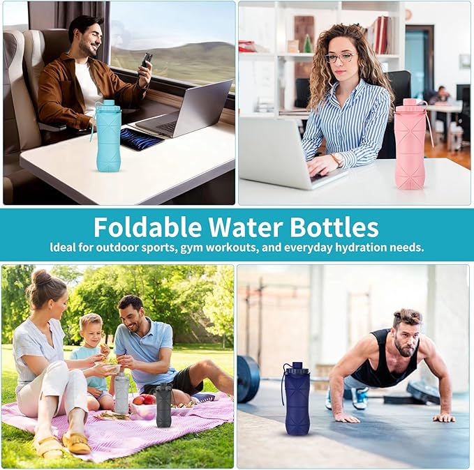 Silicone Collapsible Water Bottles,Lightweight Reusable Leakproof For Traveling Camping Hiking Cycling Sports Outdoor,Foldable Portable Travel Water Bottle 600ML Dark Grey And Pink 2Pack.