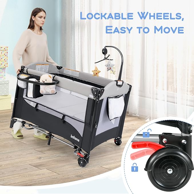 INFANS Pack and Play, 5 in 1 Baby Bedside Sleeper with Bassinet, Diaper Changer, Mattress, Carry Bag, Music Box Hanging Toys, Foldable Bedside Crib, Portable Playard for Newborn Toddlers (Gray)
