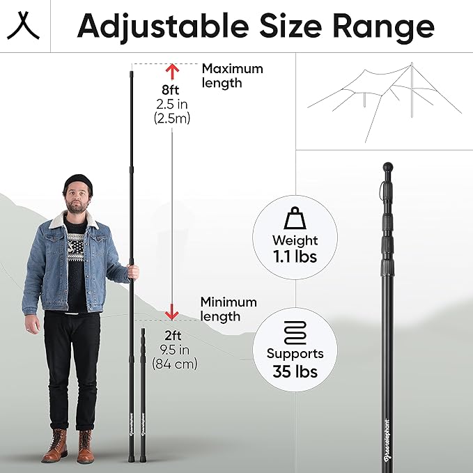 Green Elephant Camping Tarp Poles - Adjustable Aluminum Telescoping Tent Poles for Tarps, Canopy & Awning - Heavy Duty Collapsible Pole Set of 4 - Extends 8ft, Shrinks to 2ft - Caravan & Beach Shade