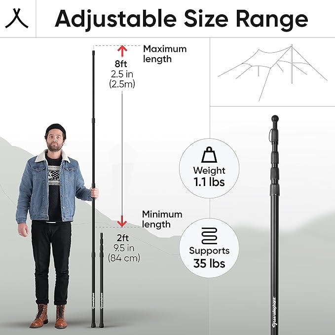 Green Elephant Camping Tarp Poles - Adjustable Aluminum Telescoping Tent Poles for Tarps, Canopy & Awning - Heavy Duty Collapsible Pole Set of 2 - Extends 8ft 2.8 in, Shrinks to 2ft 9.5 in.