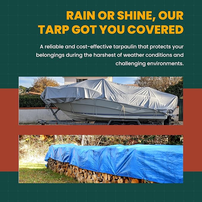 Large Waterproof Tarp - Heavy Duty 5 Mil Thick Poly Tarpaulin Ideal for Canopy Tents, Boats, RV or Pool Covers - Multipurpose Protective Tarps with Grommets for Indoor and Outdoor Use | 24' x 24'