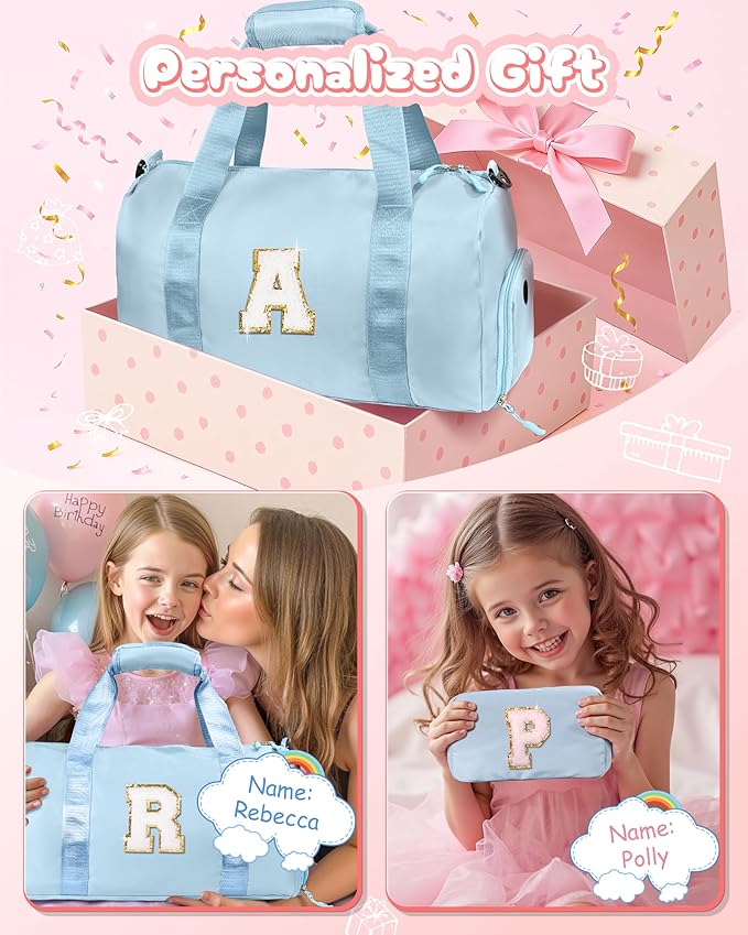 Easter Gifts for Teens Girls-Girl Gym Bag with Shoe Compartment, Kid Personalized Weekender Overnight Bags, Initial Travel Tote with Makeup Pouch, Gift for 3 4 5 6 7 Year Old Kids (Letter T)
