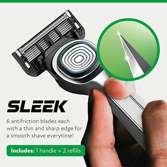 DORCO SLEEK Six Blade Razor System with Multi-Flex Technology, Precision Shaving Razor Handle, Includes 2 Cartridges