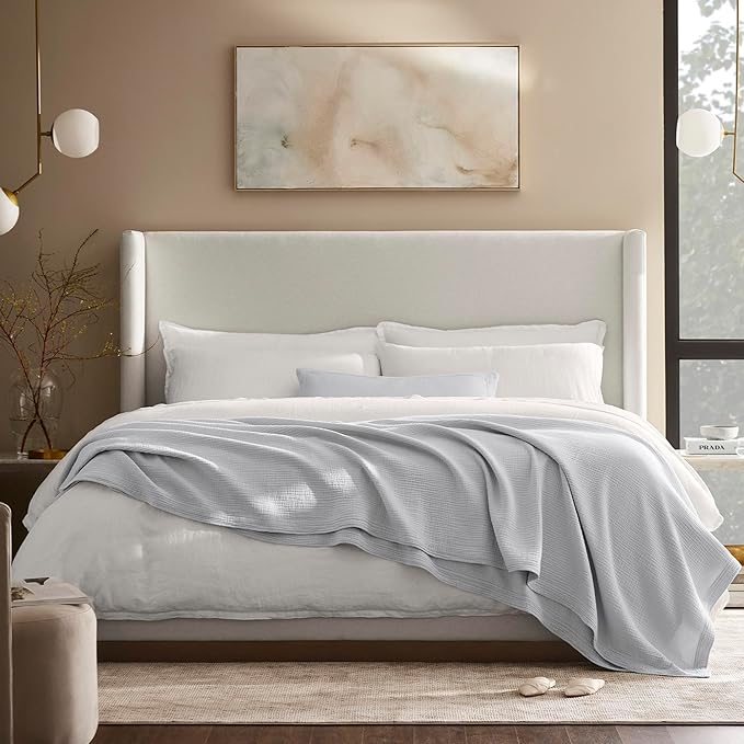 BOLL & BRANCH Dream Bed Blanket - King/Cal King, Sky - Luxury 100% Organic Cotton - Soft, Lightweight and Breathable - Cloud-Like Touch