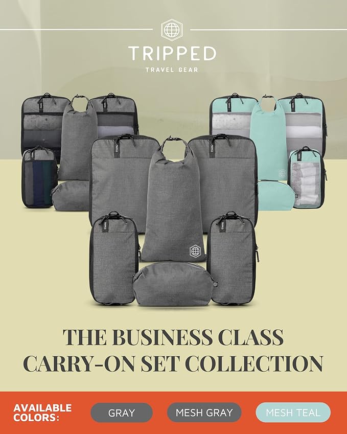 Premium Compression Packing Cubes for Travel, Compression Packaging Cube, Zip Bags Premium 6-Piece Set with laundry bag and shoe bag by TRIPPED Travel Gear (Grey)