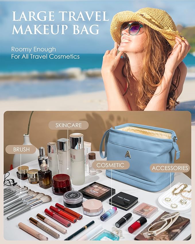 Gifts for Her, Initial Large Makeup Bags, Personalized Double Layer Cosmetic Bags with Makeup Brush Organizer, Waterproof PU Leather Travel Toiletry Bags for Wedding & Bridesmaid Gifts
