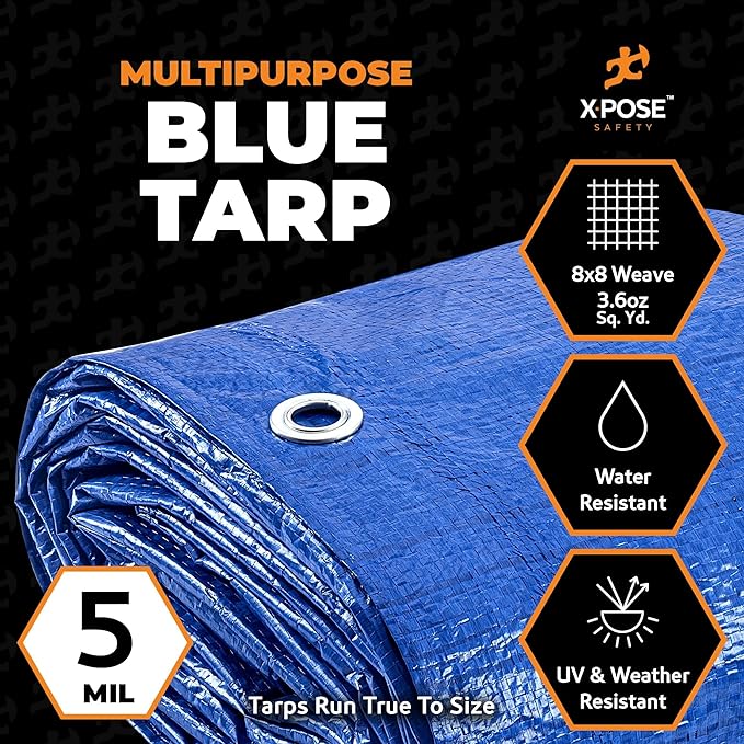 Better Blue Poly Tarp 8' x 15' - Multipurpose Protective Cover - Lightweight, Durable, Waterproof, Weather Proof - 5 Mil Thick Polyethylene - by Xpose Safety