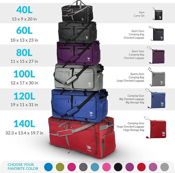 Bago Big XXL Foldable Duffel Bags for Traveling Women & Men - 140L Packable Duffle Bag for Travel with Shoe Compartment - Water Repellant, Heavy Duty, Lightweight Folding & Collapsible (Purple)