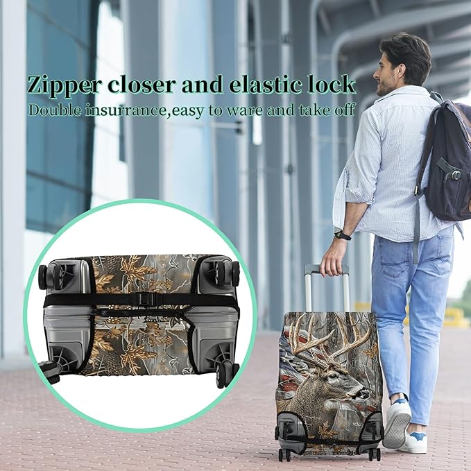 Luggage Cover + Tag, Camo Deer Flag Travel Suitcase Protector for 24 inch Luggage (M) with Concealed Zipper, Washable Elastic Cloth, Dustproof, Anti-Scratch
