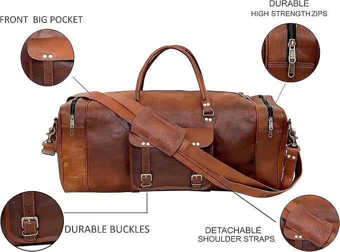 Leather 24 Inch Luggage Handmade Duffel Bag Carryall Weekender Travel Overnight Gym Sports Carry On Duffel Bag For Men And Women