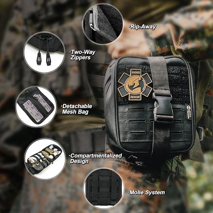 RHINO RESCUE IFAK Trauma Kit with C-A-T Tourniquet, Tactical First Aid Kit Molle Pouch for Military, Combat, Car, Camping, Hiking, Travel (Red)
