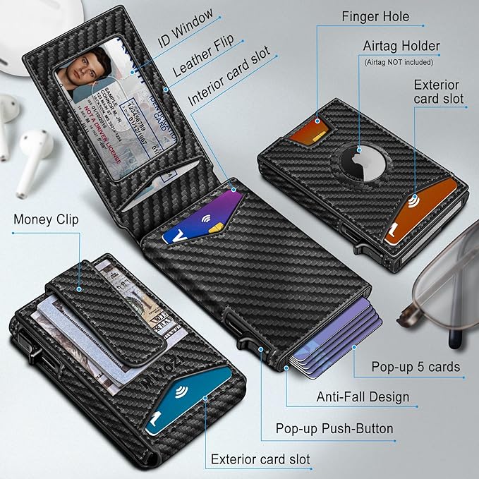 Airtag Wallet for Men,with Money Clip Gift Boxed,Slim Front Pocket Wallet RFID Blocking Metal Case Smart Pop-up Credit Card Holder in Magnetic Leather Flip
