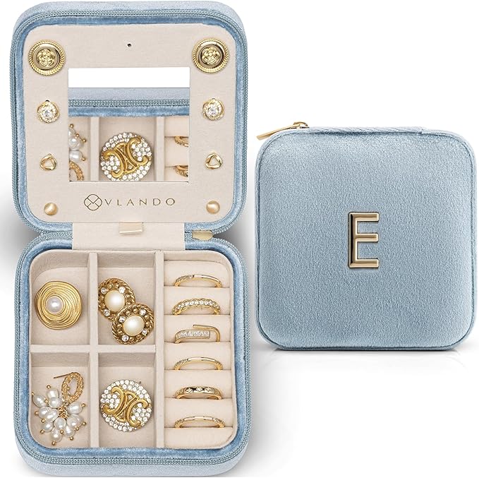 Vlando Teacher Must Haves, Personalized Initial Jewelry Case, Back to School Gift for Teacher, Teacher Appreciation Gifts, Teachers Day, Teacher Travel Jewelry Case with Initial - Letter E, Blue