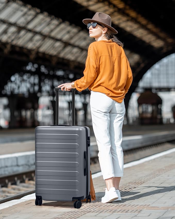 Carry on Luggage 22 X 14 X 9 Airline Approved, 20 Inch Luggage for 3-5 Days Travel, Double Spinner Wheels, 100% Hardshell PC, TSA Lock (00-Grey (Expandable), Checked 24-Inch)