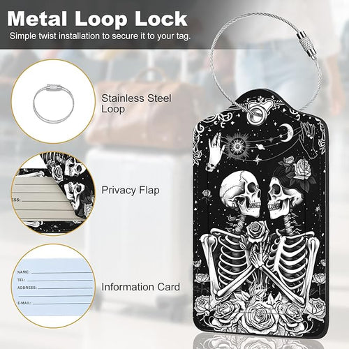 2Pack Luggage Tags for Suitcases, Cute Unique Pu Leather Cruise Luggage Tag with Privacy Cover ID Label Address Card and Metal Ring Suitable for Women Men Kids Travel Bag Skeletons and Flowers