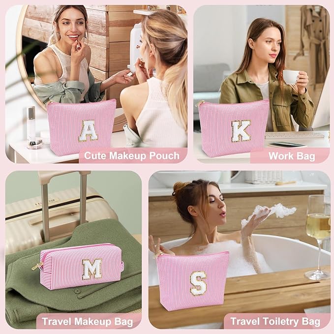 YOOLIFE Makeup Bag for Women, Personalized Initial Cute Makeup Pouch for Girlfriend Bridesmaid Wife | Cosmetic Travel Toiletry Bag for Friend Female Sister | Birthday Gift Idea for Her Mom Pink F