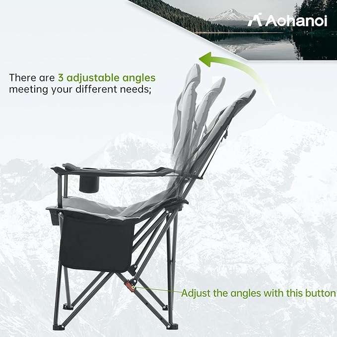 Camping Chairs, Portable 2 Pack Camp Chairs for Heavy People with Adjustable Angled Backrest, Outdoor Folding Camping Chairs for Outside Supports up to 350lbs, Carry Bag Included