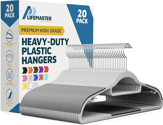 Lifemaster Plastic Clothes Hanger Set - 20 Pieces Versatile, Lightweight, Space-Saving, Non-Slip, Slim Designed, Dry and Wet Clothes Hanger Set with 360° Swivel Hook and Rubber Coating - Gray