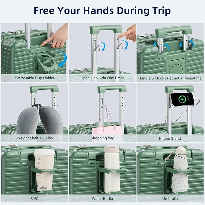 Hard Shell Suitcases Airline Approved 20 Inch Carry on Luggage, Expandable Travel Luggage with Cup Holder Charger Built in, Small Lightweight Suitcases with Wheels, Forest Green