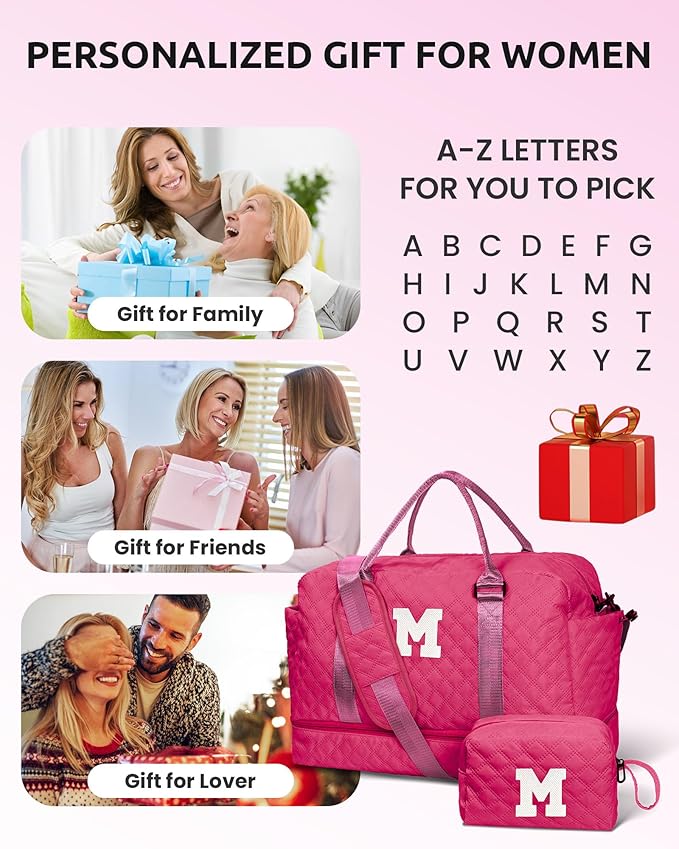 Monogrammed Gifts for Woman, Stuff for Teen Girls-Initial Travel Bag with Shoe Compartment, Weekender Bag, Monogram Overnight Bag for Women, Letter Travel Bag with Makeup Bag (Letter C)