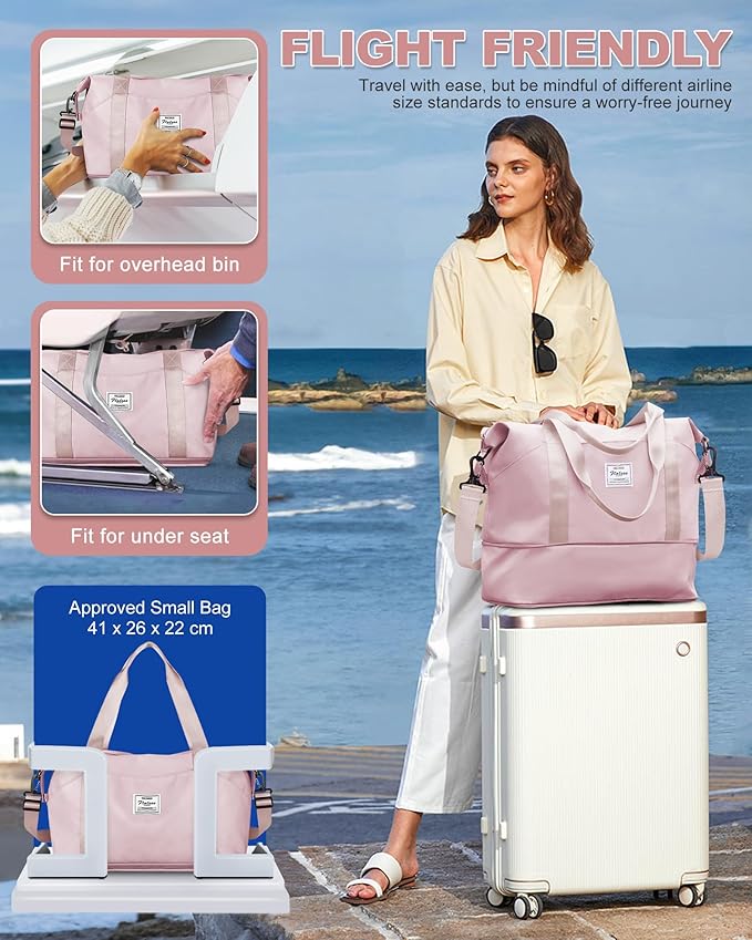 Travel Duffel Bag, Sports Tote Gym Bag, Shoulder Weekender Overnight Bag for Women