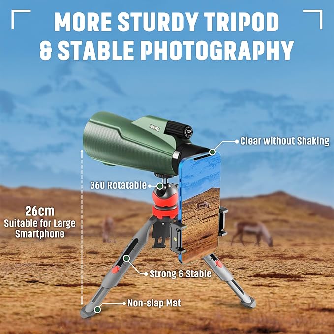 Monocular Telescope - 12x56 High Powered, Compact, Dust-Proof, Waterproof, Handheld Scope with Smartphone Adapter and Metal Tripod - Ideal for Hunting, Stargazing, Birdwatching, and Outdoor Adventures