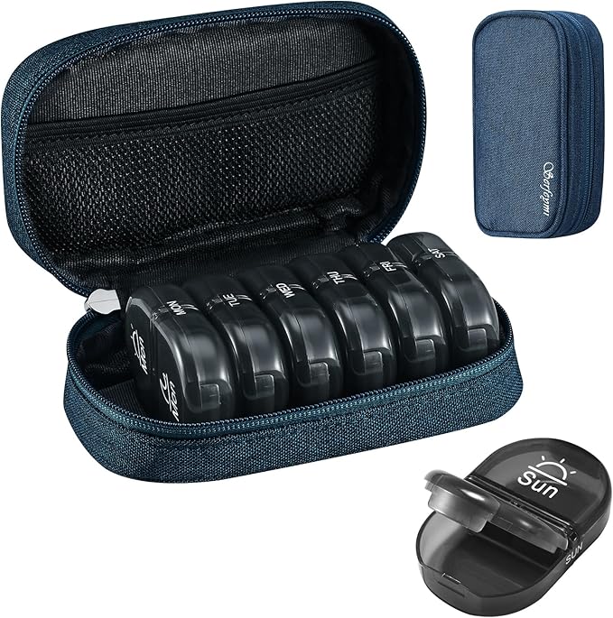 Serfeymi Weekly Travel Pill Organizer 2 Times A Day AM PM Upgraded Black Pill Box 7 Day with Portable Zipper Canvas Pill Case, Medicine Organizer for Pills, Vitamins, Supplements, Fish Oils - Blue 01