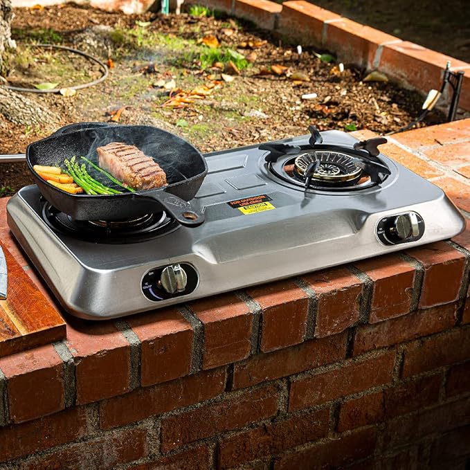 XtremepowerUS 25,516BTU Double Burner Stove Auto Ignition Cooktop Outdoor LPG Propane Camping 2 Stove Burner Portable Stove Burner, Stainless Steel