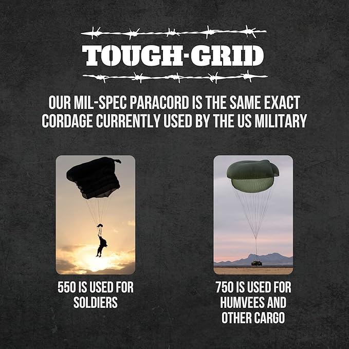 TOUGH-GRID 750 Paracord Rope Nylon Parachute Cord, Made in USA Survival Kit, Outdoor Adventures, Camping, Tactical Gear & Emergency Supplies, Military Type IV Mil-Spec