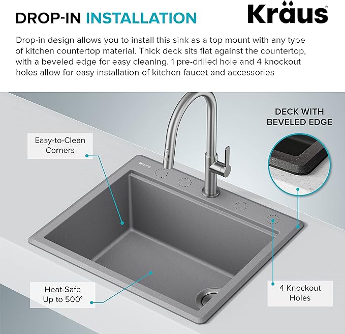 KRAUS Bellucci 25-inch Granite Workstation Drop In Top Mount Single Bowl Kitchen Sink in Metallic Grey with Accessories, KGTW12-25MGR