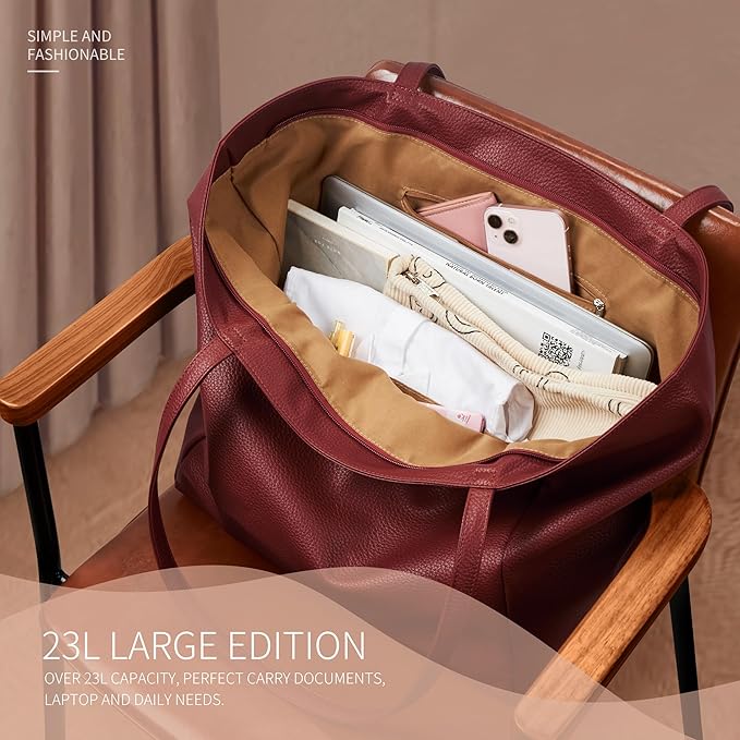 KALIDI Large Tote Bag Vegan Leather Casual Zipper Work Bag Weekender Hobo for Women 23L Oversize Shoulder Travel Purse