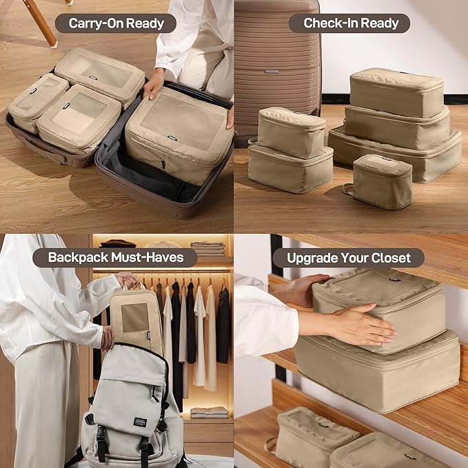 EPICKA TripCozy Compression Packing Cubes - 6 Set Durable Travel Organizer Bags with Mesh Top, Expandable Travel Accessories for Carry on, Luggage, Suitcase, Backpack (Khaki)