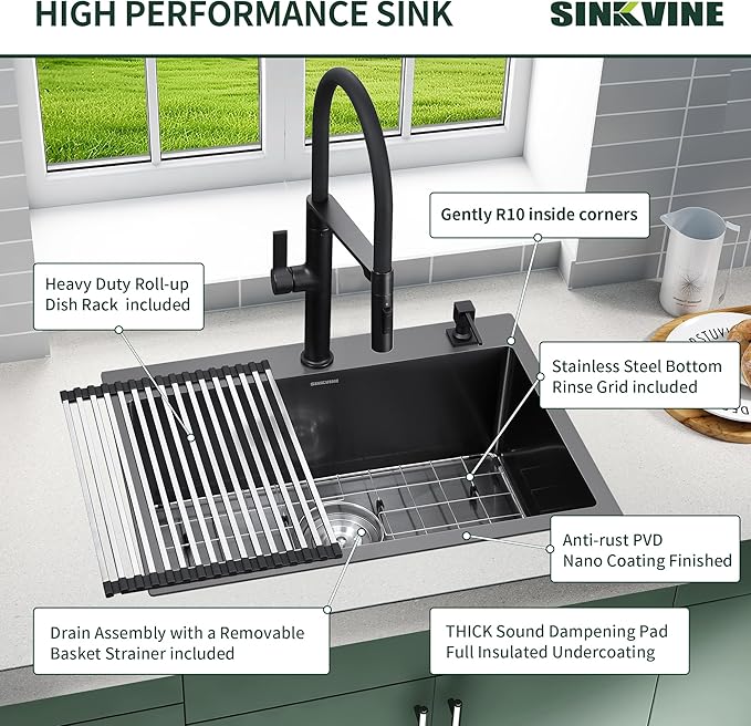 18-Inch Black Bar Sink Drop-In, SINKVINE PVD Nano Stainless Steel Kitchen Sink for Laundry, Outdoor, RV, Top Mount Deep Single Bowl Sink w/Drain Strainer, Bottom Grid, Roll-up Drying Unit, Dark Gray