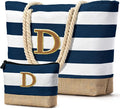 Becokan Beach Bag Initial Beach Tote with Makeup Bag for Travel Work Storage Personalized Birthday Gifts for Women Her