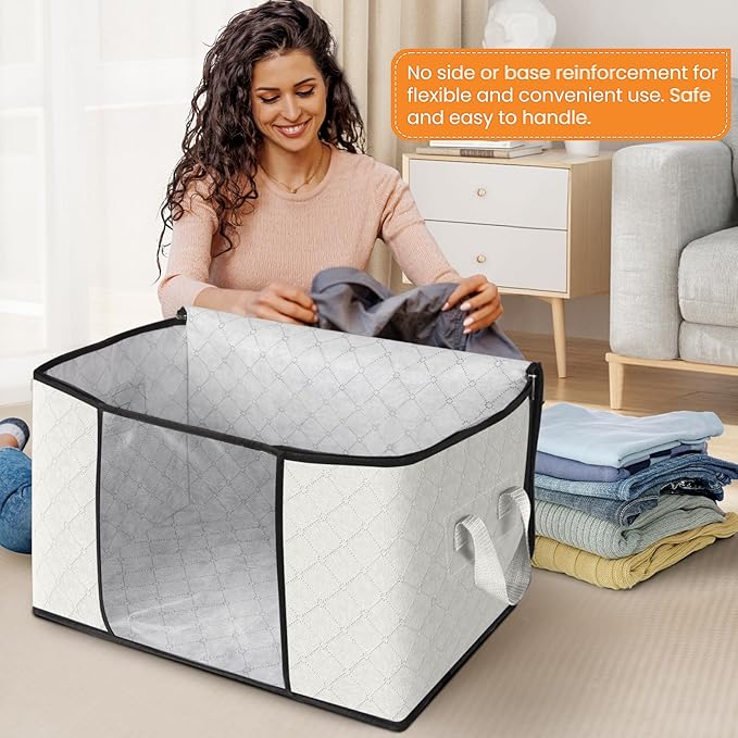 Fab totes 24 Gallons Clothes Storage, Foldable Thick Fabric Blanket Storage Bags, Containers for Organizing Bedroom, Closet, Clothing, Comforter, Organization with Handle (8 Pack,Ivory)