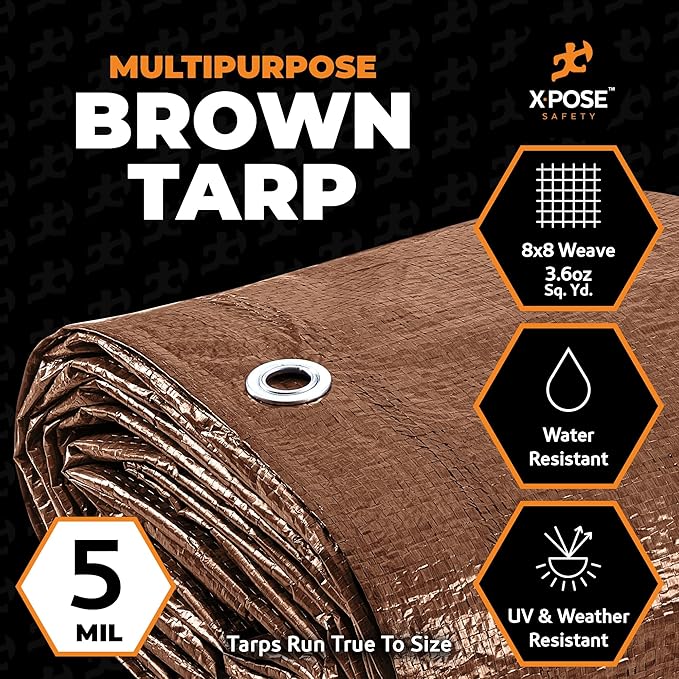 Multipurpose Protective Cover Brown Poly Tarp 9' x 12' - Durable, Water Resistant, Weather Resistant - 5 Mil Thick Polyethylene - by Xpose Safety
