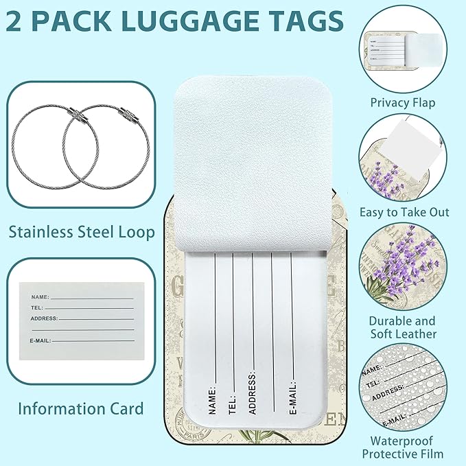 Purple Lavender Luggage Tag for Suitcase Set of 2 PU Leather Cute Luggage Tags with Stainless Metal Loop ID Label Privacy Flap Suitcase Tags for Women and Men Travel