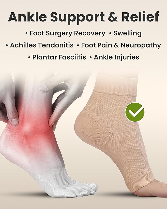 KEMFORD Ankle Compression Sleeve - Plantar Fasciitis Braces - Open Toe Compression Socks for Swelling, Sprain, Neuropathy, Foot Arch Support for Men and Women - 20-30mmhg, 2XL, Beige