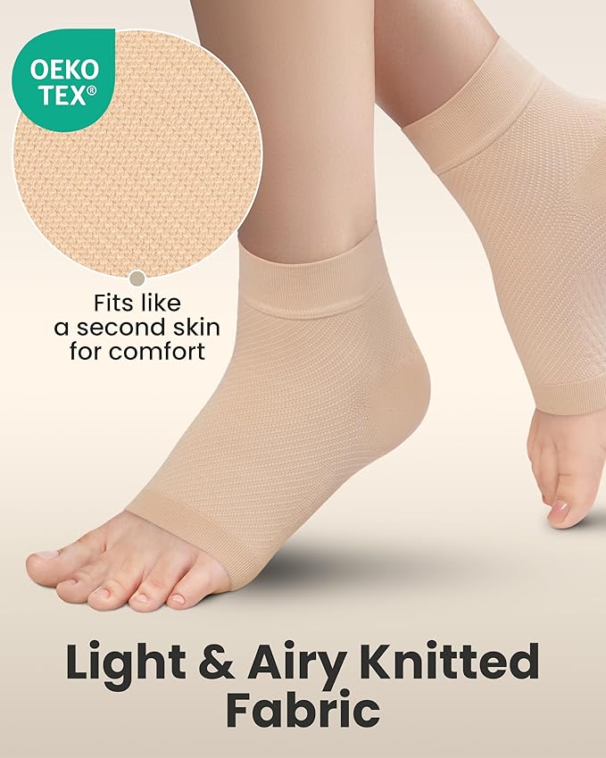 KEMFORD Ankle Compression Sleeve - 2-Pack, Plantar Fasciitis Braces - Open Toe Compression Socks for Swelling, Sprain, Neuropathy, Foot Arch Support for Men and Women - 20-30mmhg, M, Beige
