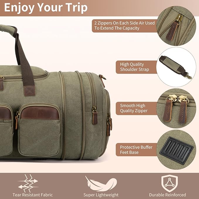 Mens Duffle Bag for Travel 60L Expandable Canvas Weekender Overnight Travel Duffel Bag with Shoe Compartment Carry-On for Airplanes Army Green