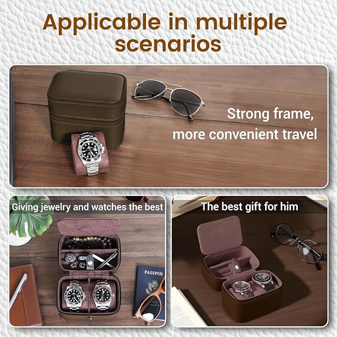 CONBOLA 2 Watch Travel Case for Men with Accessory Compartment,Compact Watch Box for Men Jewelry Case with Microsuede Interior,PU Leather Protect Fits Watches & Smartwatches Up to 55mm. (Brown)