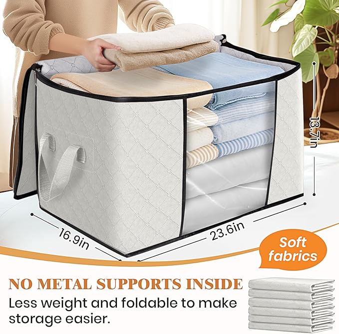 Fab totes 24 Gallons Clothes Storage, Foldable Thick Fabric Blanket Storage Bags, Containers for Organizing Bedroom, Closet, Clothing, Comforter, Organization with Handle (6 Pack,Ivory)