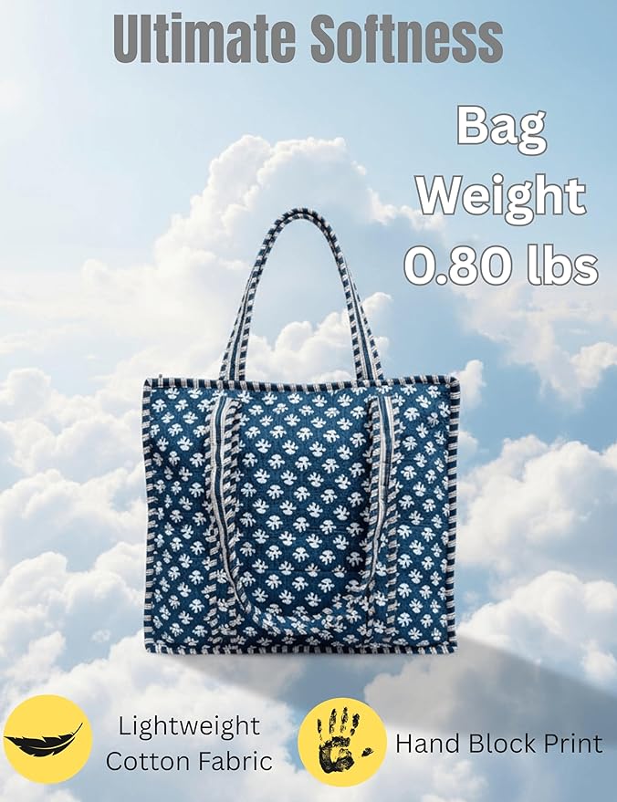 Cotton Quilted Tote Bag for Women – Large Beach & Travel Tote with Zipper, Reusable Grocery Bag