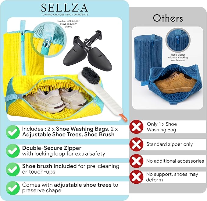 Shoe Washing Machine Bag - 2Pcs Shoe Washing bag,360° Deep cleaning Durable sneaker washing machine bag, Fits All Shoe Types & Sizes,Yellow,14.8 x 7.4inches