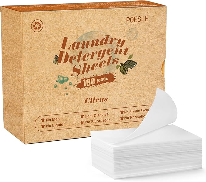 Poesie Laundry Detergent Sheets Citrus Scent 160 Sheets 80 Large Loads Laundry Strips No Plastic Jug Liquidless Travel Portable HE for Camping Dorm Life Clean