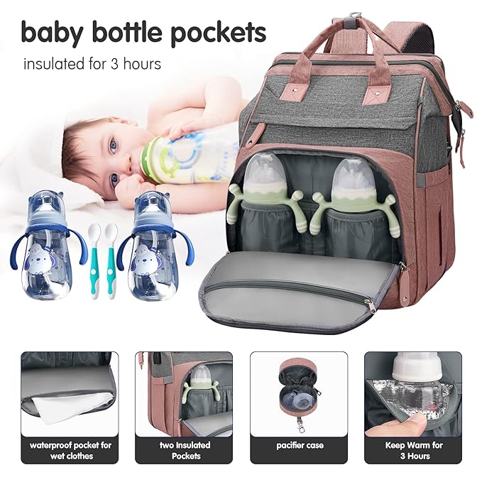 DERJUNSTAR Baby Diaper Bag Backpack, Diaper Changing Station, Baby Bags for Boys Girls,Waterproof Changing Pad,USB Charging Port,Pacifier Case, Sunshade and Toy Bar, Pale Pink