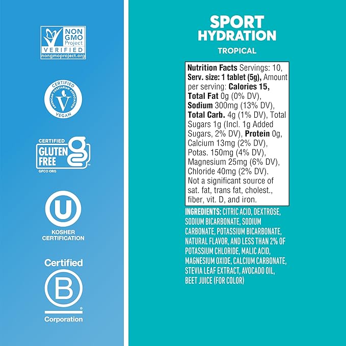 Nuun Sport Electrolyte Tablets with Magnesium, Calcium, Potassium, Chloride & Sodium, Gluten Free & Vegan, Tropical, 8 Pack (80 Servings Total)